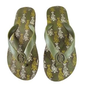 Christian Audigier Flip Flops‎ Olive Green Monogram Crown Logo Thong Sandals